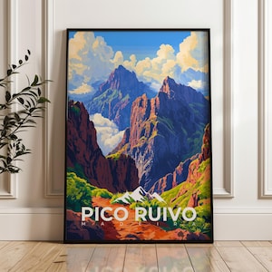 Pico Ruivo Travel Poster, Portugal Wall Art Print, Hiking Illustration Artwork, Atlantic Home & Office decor, Madeira Gift idea