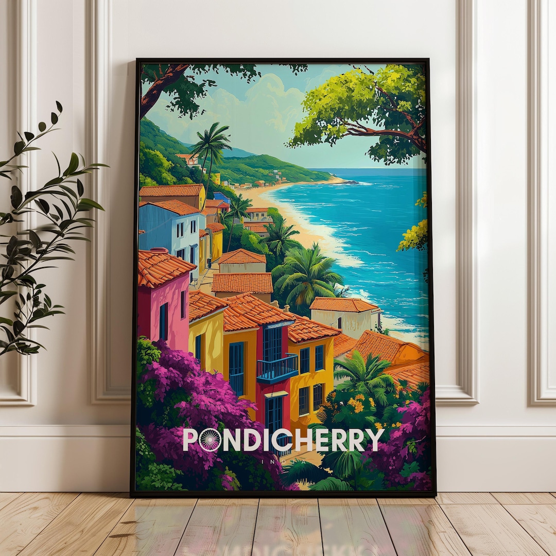 Pondicherry Travel Poster: French Colonial Beach Print, India