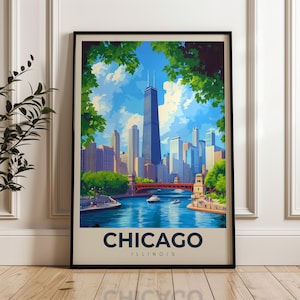 Poster di viaggio di Chicago - Stampa artistica da parete dell'Illinois, poster illustrativo, opera d'arte, arredamento per la casa e l'ufficio, idea regalo, stampa di viaggio negli Stati Uniti