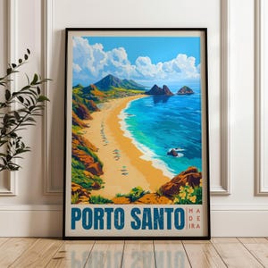 Porto Santo Travel Poster - Portugal Wall Art Print, Illustration Artwork, Atlantic Ocean Home & Office decor, Madeira Gift idea