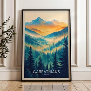 Karpaten Berge Reiseplakat, Rumänien Wand Kunst Druck, Illustration Kunstwerk, Haus & Büro Dekor, Geschenkidee, Natur Wald Reisedruck