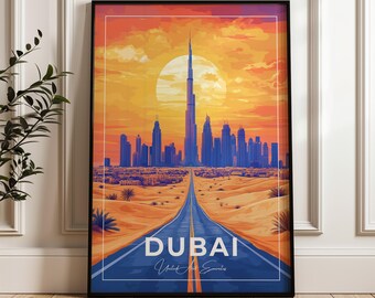 ドバイのスカイライン旅行ポスター：UAE砂漠アートプリント