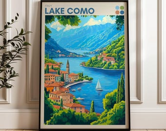 Pôster de viagem para o Lago Como, Itália: Ilustração de Bellagio.