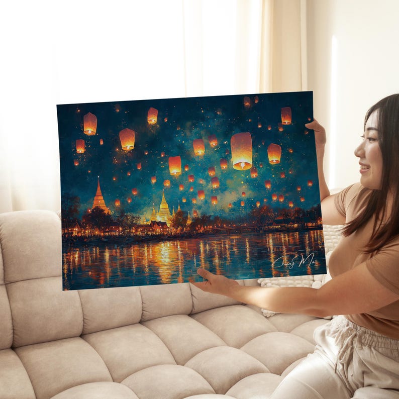 Chiang Mai Lantern Festival Horizontal Print, Thailand Nightscape Art image 3