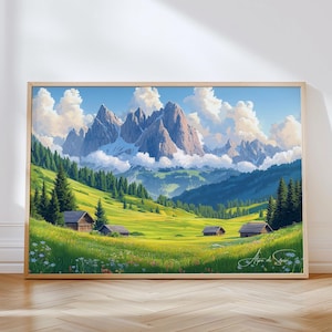 Alpe di Siusi Horizontal Travel Print - Italy Wall Art Framed Poster, Tyrol Illustration Artwork, Seiser Alm Home & Office decor, Dolomites