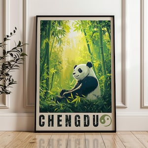 Póster turístico del Panda de Chengdu: Lámina artística de Sichuan, China