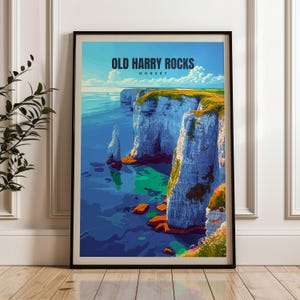 Old Harry Rocks Travel Poster - Coastal Wall Art, UK Landscape Print, Home Decor, Vintage Seaside, Dorset Illustration, Dorset Travel Print