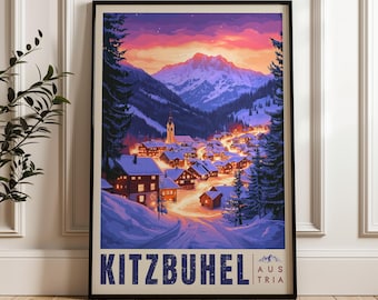 Kitzbuhel Austria Travel Poster: Ski Resort Illustration Art