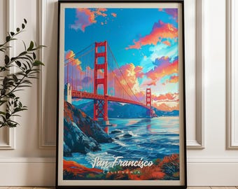 Golden Gate Bridge Travel Poster: Vintage San Francisco Cityscape Art Print
