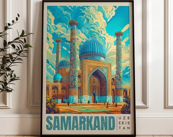 Poster di viaggio di Samarcanda, Uzbekistan: stampa artistica con illustrazioni vivaci