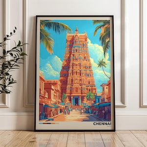 Chennai India Travel Poster: Temple Illustration Art