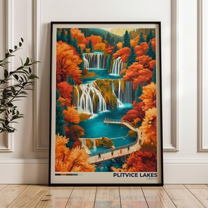 Poster di viaggio dei Laghi di Plitvice - Stampa artistica da parete in Croazia, poster illustrativo, arredamento per casa e ufficio, idea regalo, stampa di viaggio del Parco Nazionale