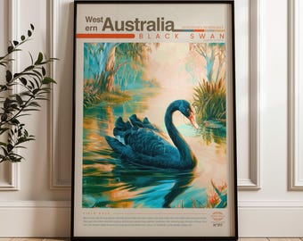 Black Swan Travel Poster, Wetland Wall Art, Illustrated Wildlife Animal Print, Western Australia Nature Home Decor