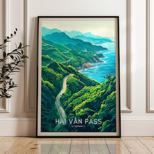 Poster di viaggio del passo di Hai Van, stampa artistica da parete del Vietnam, illustrazione di un viaggio con zaino in spalla, arredamento per la casa e l'ufficio di Da Nang, idea regalo per il sud-est asiatico