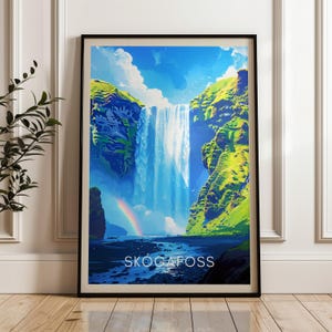 Poster di viaggio Skogafoss - Stampa artistica da parete Islanda, poster illustrativo, opera d'arte, arredamento per la casa e l'ufficio, idea regalo, stampa di viaggio cascata