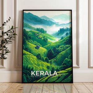 Impresión de viaje a Kerala: póster de arte mural de la India, ilustración de senderismo, decoración asiática para el hogar y la oficina, idea de regalo para fincas de té de Munnar