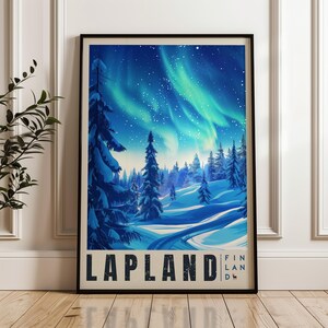 Póster de viaje de Laponia, Finlandia: impresión de arte mural escandinavo, decoración del hogar y la oficina, póster ilustrado, colección de regalos perfecta, impresión de viaje