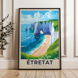Affiche de voyage Etretat - impression d'art mural France, oeuvre d'art illustration littoral de la Manche, décoration de maison et de bureau, idée cadeau, impression de voyage en Normandie