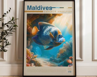 Emperor Angelfish Travel Poster, Coral Reef Wall Art, Illustrated Wildlife Animal Print, Maldives Nature Home Decor