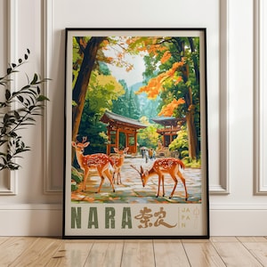 Stampa di viaggio del Parco di Nara - Poster da parete giapponese, illustrazione di un cervo che si inchina, arredamento per la casa e l'ufficio del Kansai, idea regalo per Honshu