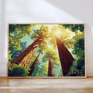 Redwood Forest Horizontal Travel Print -  California Wall Art Framed Poster, Park Illustration Artwork, Home & Office decor, United States