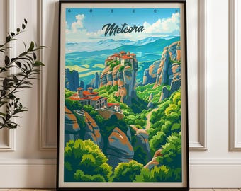 Meteora Greece Travel Poster: Monastery Illustration Art