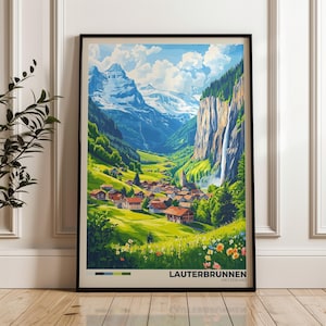 Lauterbrunnen Switzerland Travel Poster: Mountain Illustration Art