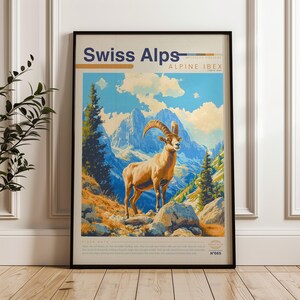 Alpensteinbock-Poster, Bergwandbild, illustrierter Wildtierdruck, Naturdeko der Schweizer Alpen