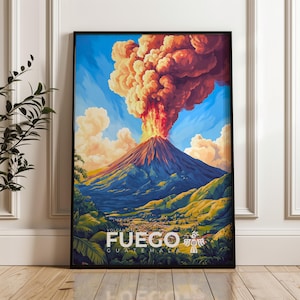 Fuego Volcano Guatemala Travel Poster: Home & Office Decor
