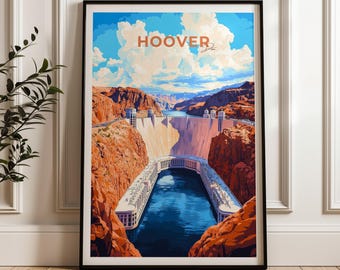 Può includere: Una stampa artistica verticale incorniciata che presenta un'illustrazione stilizzata della diga di Hoover. L'immagine mostra la struttura in cemento della diga incastonata tra pareti di canyon color arancio-marrone, con un bacino blu e cielo nuvoloso.
