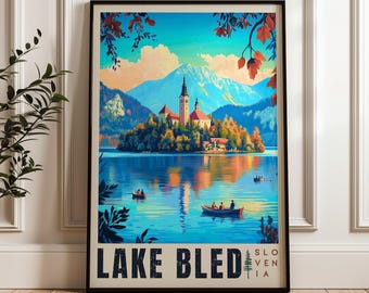 Poster di viaggio del Lago di Bled, Slovenia: illustrazione da parete