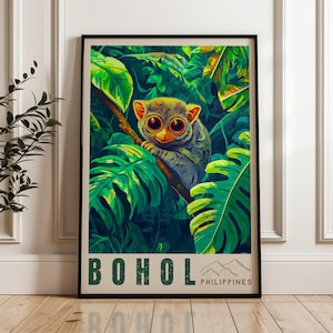 Poster di viaggio di Bohol, stampa artistica da parete Filippine, illustrazione di tarsier, arredamento per la casa e l'ufficio del sud-est asiatico, idea regalo per backpacker sull'isola