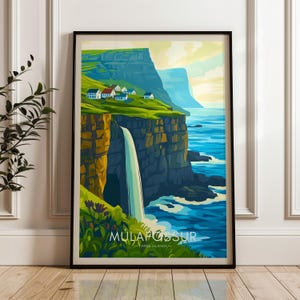 Impresión de viaje a la cascada de Múlafossur: póster de arte mural de Europa, ilustración de las Islas Feroe, decoración para el hogar y la oficina en el Atlántico, idea de regalo de Dinamarca