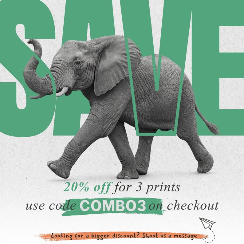 a large gray elephant with the word "SAVE" prominently displayed in the background.