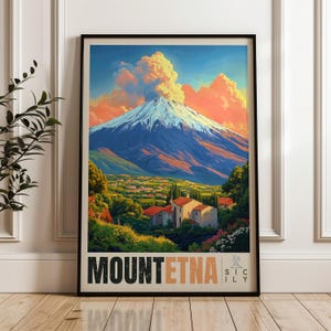 Mount Etna wall art, Sicily travel poster, Colorful Italian landscape print, Bold volcano decor, Framed canvas artwork, Europe nature gift