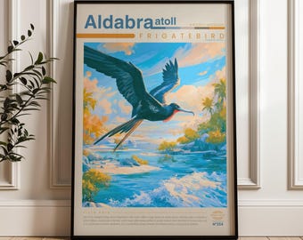 Frigatebird Travel Poster, Tropical Ocean Wall Art, Illustrated Wildlife Animal Print, Aldabra Atoll Nature Home Decor