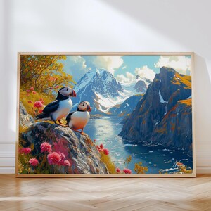 Stampa orizzontale di viaggio sui fiordi - Poster incorniciato con motivo a parete norvegese, illustrazione artistica, decorazioni per la casa e l'ufficio in Scandinavia, idea regalo per pulcinelle di mare