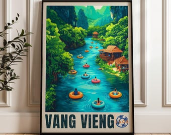 Vang Vieng Travel Poster: Laos Tubing Art Print