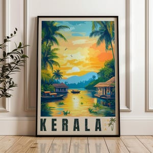 Póster turístico de Kerala, India: Ilustración de la costa de Malabar.