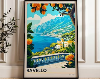 May include: A framed travel poster featuring a coastal landscape of Ravello, Italy. The illustration shows a blue sea, mountains, and buildings viewed from a terrace with a stone balustrade, framed by orange trees with fruit.