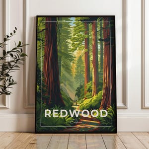 Poster di viaggio del Redwood National Park - Stampa artistica da parete degli Stati Uniti, poster illustrativo, arredamento per la casa e l'ufficio, idea regalo, stampa di viaggio negli Stati Uniti