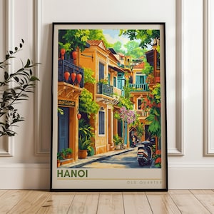 Póster de viaje a Hanói - Impresión de arte mural de Vietnam, ilustración de scooter, decoración urbana para el hogar y la oficina, idea de regalo, impresión de viaje al casco antiguo