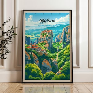 Meteora Travel Poster - Stampa artistica da parete in Grecia, poster illustrativo, opera d'arte, arredamento per la casa e l'ufficio, idea regalo, stampa di viaggio in monastero