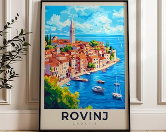 Plakat podróżniczy Rovinj Chorwacja: ilustracja nad morzem