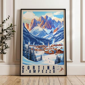Poster di viaggio Cortina d'Ampezzo - Stampa artistica da parete Italia, Illustrazione di sci, Decorazione per casa e ufficio, Idea regalo, Stampa di viaggio sulle Dolomiti