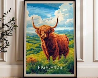 Póster de viaje de las Tierras Altas escocesas: Lámina artística de paisaje vintage