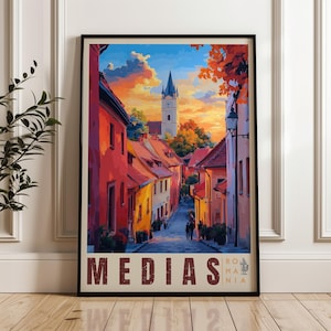 Medias Travel Print - Romania Wall Art Framed Poster, Medieval Illustration Artwork, Ardeal Home & Office decor, Transylvania Gift idea