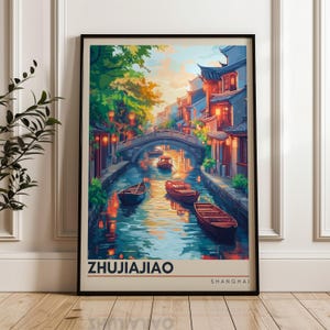Poster di viaggio di Zhujiajiao - Stampa artistica da parete cinese, Illustrazione di una città sull'acqua, Decorazione per casa e ufficio, Idea regalo, Stampa di viaggio di Shanghai
