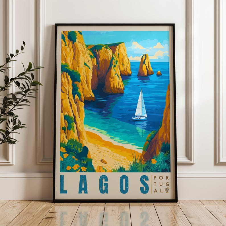 A scenic poster of Lagos, Portugal, showcasing golden sea cliffs, turquoise waters, and a white sailboat gliding through the serene bay under a sunny sky, capturing the beauty of the Algarve coast.