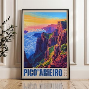 Pico do Arieiro Reiseplakat, Portugal-Wand-Kunst-Druck, Bergillustrationen-Kunstwerk, Atlantik-Haus- & Bürodekor, Madeira Geschenkidee